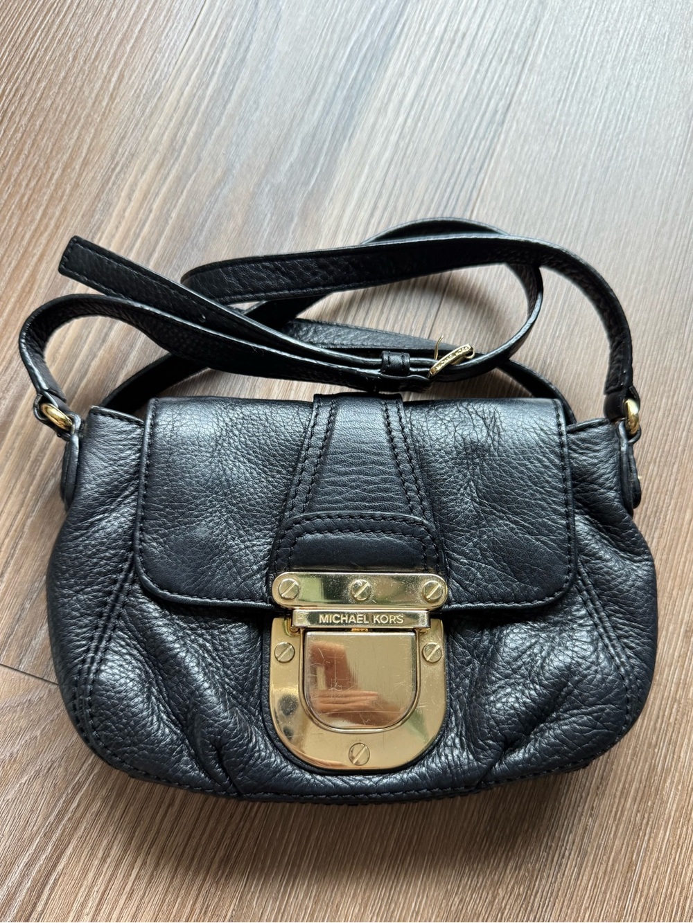 Michael Kors Black Leather Crossbody with Gold-Tone Lock